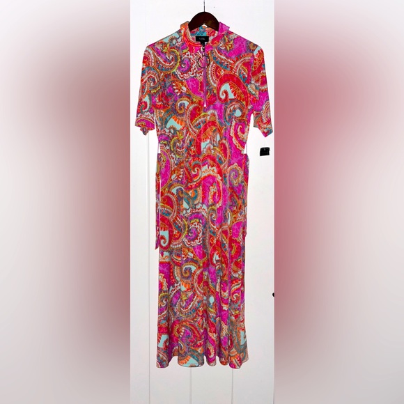 MSK Dresses & Skirts - MSK Paisley Print Short Sleeve Collar Midi Dress Women L Unique Art To Wear‎ NEW